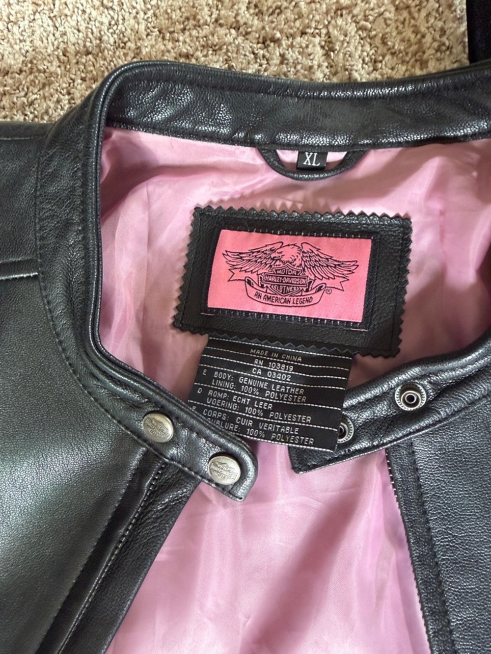 Harley-Davidson Black Leather Bomber Jacket with Pink Logo Accent - Picture 4 of 12